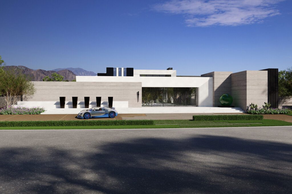 South Coast Architects 3D architectural street view with Bugatti rendering in La Quinta, CA