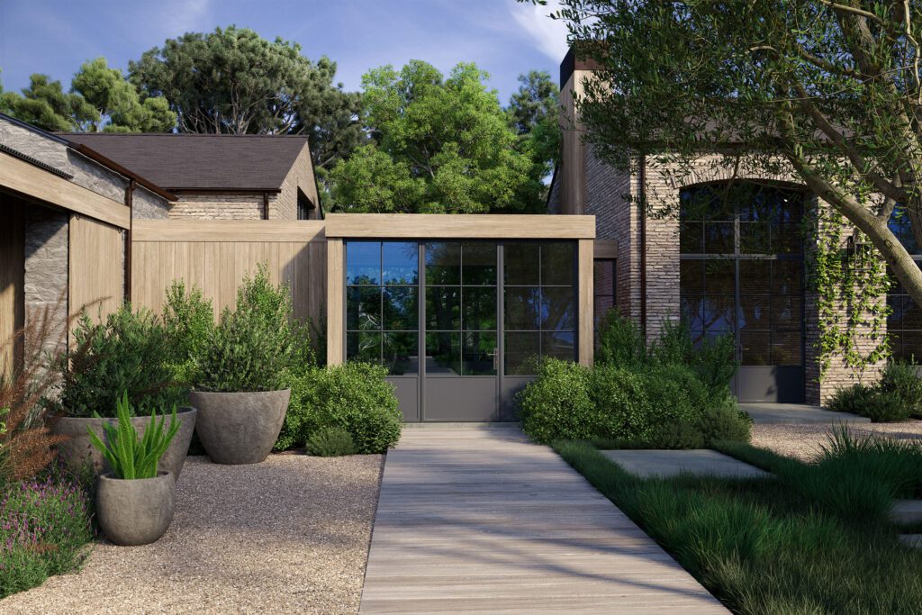 Eric Olsen Design 3D architectural farmhouse courtyard rendering in Carmel, CA